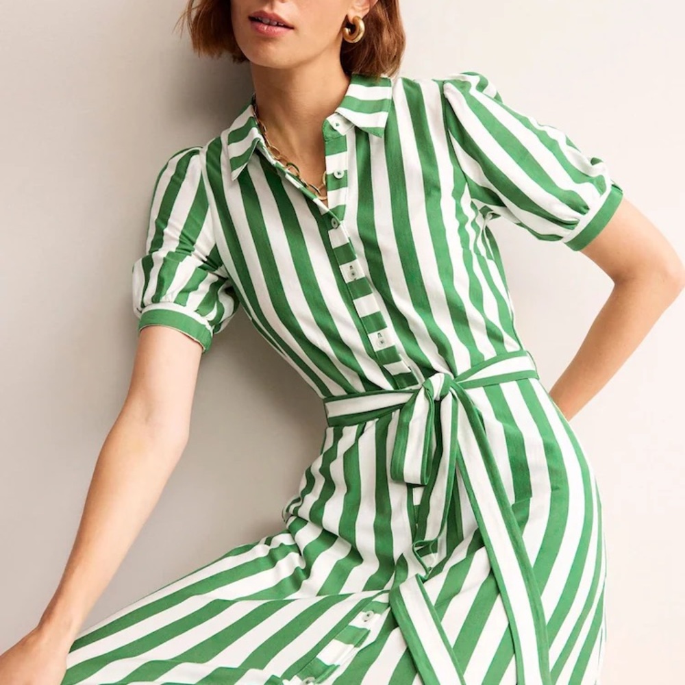 Boden Green and White Buttoned Tie Front Midi Dress
